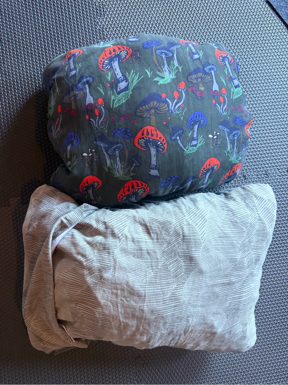 Thermarest - Mushroom Print Throw Pillow and grey topigraphical print